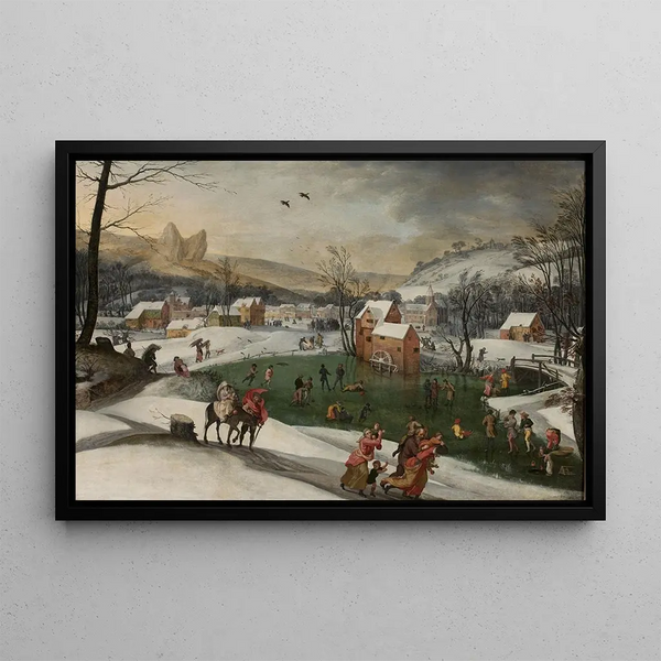Winter Landscape Painting with the Flight into Egypt - Gillis Mostaert — framed artwork on a wall