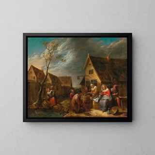 A joyful company of peasants in front of a tavern - Gillis van Tilborgh — framed artwork on a wall