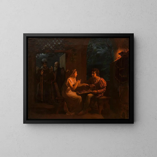 Miranda plays chess with Ferdinand, whom she jokingly accuses of cheating. - Gillot Saint-Evre — framed artwork on a wall