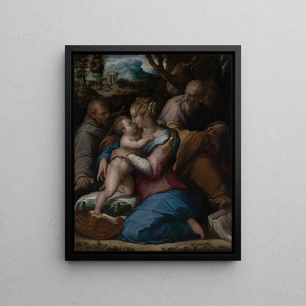 the Holy Family with Saint Francis - Giorgio Vasari — framed artwork on a wall