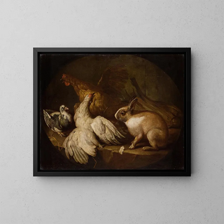 A hen, a pigeon and a rabbit - Giovanni Agostino Cassana — framed artwork on a wall