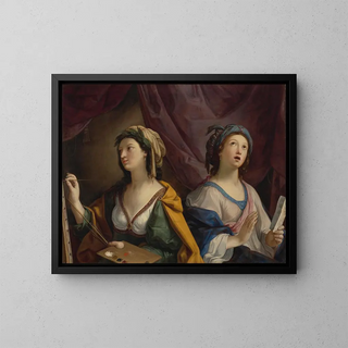 Allegory of Painting and Music - Giovanni Andrea Sirani — framed artwork on a wall