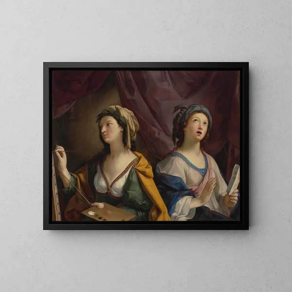 Allegory of Painting and Music - Giovanni Andrea Sirani — framed artwork on a wall