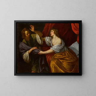 Joseph and Potiphar's Wife - Giovanni Andrea de Ferrari — framed artwork on a wall