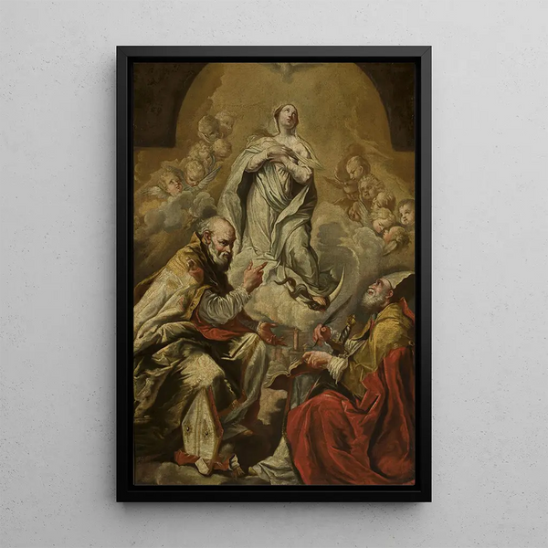 the Virgin Mary Adoration by Saint Pétrone and Denys the Areopagite - Giovanni Antonio Burrini — framed artwork on a wall