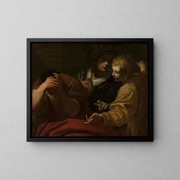Joseph interprets dreams at the Pharaoh's palace - Giovanni Antonio Burrini — framed artwork on a wall
