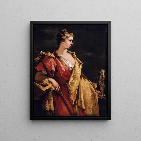 Noblesse holding an Athena statue - Giovanni Antonio Pellegrini — framed artwork on a wall