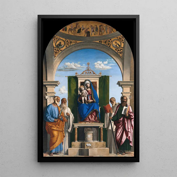 Virgin and Child with Saints Peter, Romuald, Benedict, and Paul - Giovanni Battista Cima da Conegliano — framed artwork on a wall