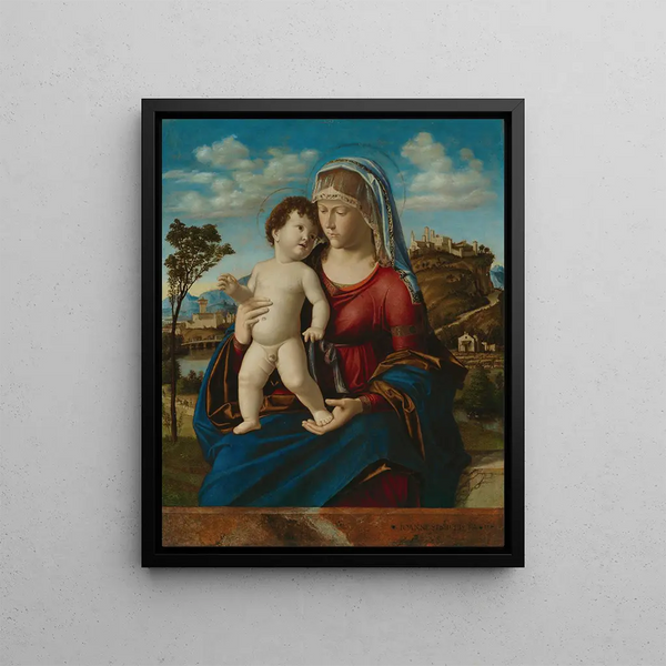 Virgin and Child in a landscape - Giovanni Battista Cima da Conegliano — framed artwork on a wall