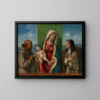 Virgin and Child with Saints Francis and Clare - Giovanni Battista Cima da Conegliano — framed artwork on a wall
