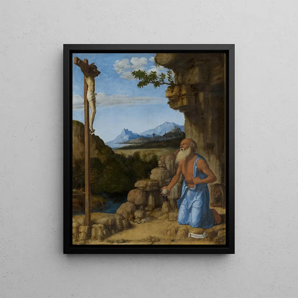 Saint Jerome in the Desert - Giovanni Battista Cima da Conegliano — framed artwork on a wall