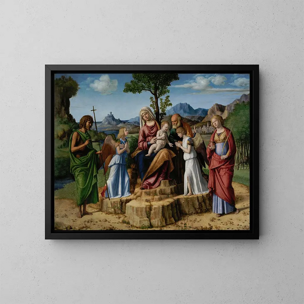 The Rest During the Flight into Egypt - Giovanni Battista Cima da Conegliano — framed artwork on a wall
