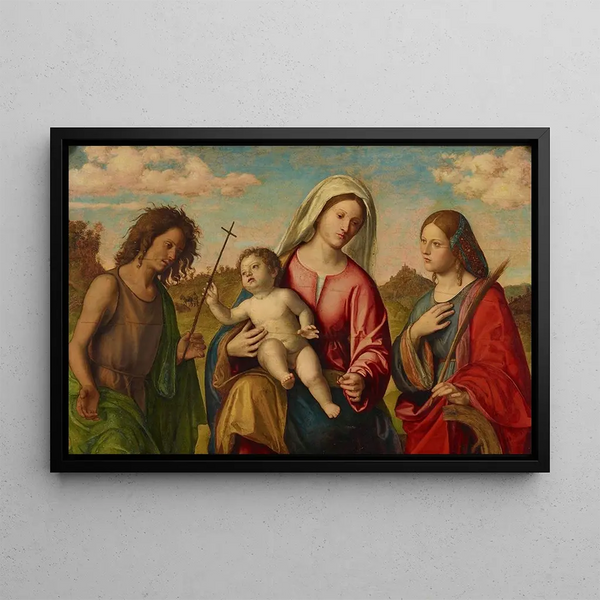 the Virgin and Child with Saint Catherine and Saint John the Baptist - Giovanni Battista Cima da Conegliano — framed artwork on a wall