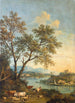 River landscape painting with a shepherd in the foreground and a village in the distance - Giovanni Battista Cimaroli — artwork view
