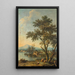 River landscape painting with characters resting in the foreground and a laundress in the distance - Giovanni Battista Cimaroli — framed artwork on a wall