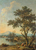 River landscape painting with characters resting in the foreground and a laundress in the distance - Giovanni Battista Cimaroli — artwork view