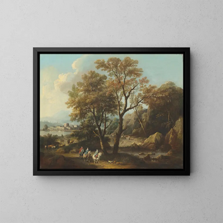 a river landscape with travelers on a path - Giovanni Battista Cimaroli — framed artwork on a wall