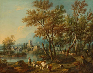 an Italian landscape with a view of Lake Garda, a shepherd and a shepherdess watering their flock at a river - Giovanni Battista Cimaroli — artwork view