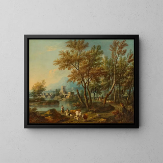 an Italian landscape with a view of Lake Garda, a shepherd and a shepherdess watering their flock at a river - Giovanni Battista Cimaroli — framed artwork on a wall