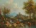 a riverside landscape in the Italian style with drivers and livestock on a path, a village beyond - Giovanni Battista Cimaroli — artwork view