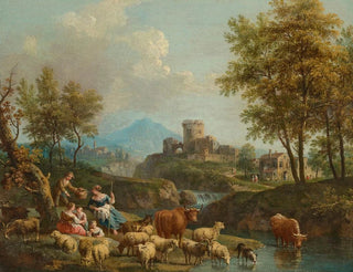 a riverside landscape in the Italian style with drivers and livestock on a path, a village beyond - Giovanni Battista Cimaroli — artwork view
