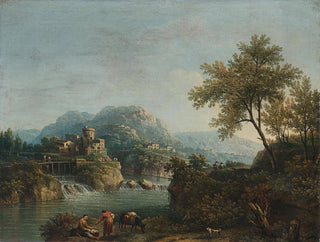 River landscape painting with figures and a donkey - Giovanni Battista Cimaroli — artwork view