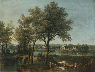 River landscape painting with a shepherd and a flock - Giovanni Battista Cimaroli — artwork view