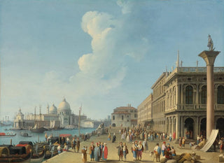 Venice painting, view from the Piazzetta westward, towards the Dogana and Santa Maria della Salute, with the Zecca, the Sansoviniana Library, and the column of Saint Theodore - Giovanni Battista Cimaroli — artwork view