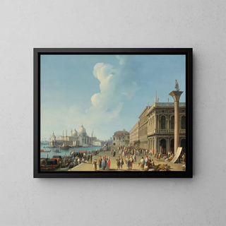 Venice painting, view from the Piazzetta westward, towards the Dogana and Santa Maria della Salute, with the Zecca, the Sansoviniana Library, and the column of Saint Theodore - Giovanni Battista Cimaroli — framed artwork on a wall