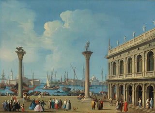 Venice painting, view of the mole from the Piazzetta towards the south towards San Giorgio Maggiore with the columns of Saint Mark and Saint Theodore and the Sansoviniana library - Giovanni Battista Cimaroli — artwork view