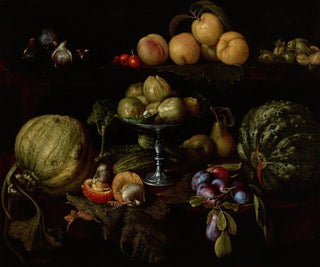 Fruits on a Tazza with Pears, Quinces, Melons, Plums, and Mushrooms on a Table with Figs, Cherries, Peaches, and Acorns on a Ledge Above - Giovanni Battista Crescenzi — artwork view