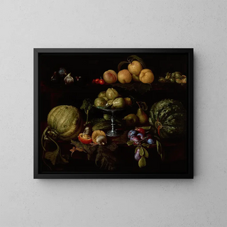Fruits on a Tazza with Pears, Quinces, Melons, Plums, and Mushrooms on a Table with Figs, Cherries, Peaches, and Acorns on a Ledge Above - Giovanni Battista Crescenzi — framed artwork on a wall