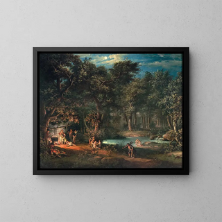Figures près d'un campement dans un paysage nocturne - Giovanni Battista Innocenzo Colombo — framed artwork on a wall