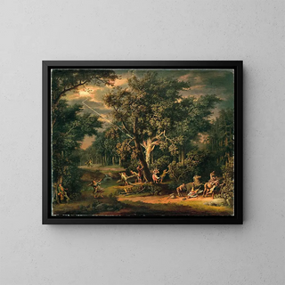 Travelers in a nocturnal landscape with lightning - Giovanni Battista Innocenzo Colombo — framed artwork on a wall