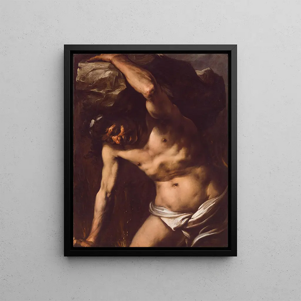 Sisyphus Painting - Giovanni Battista Langetti — framed artwork on a wall