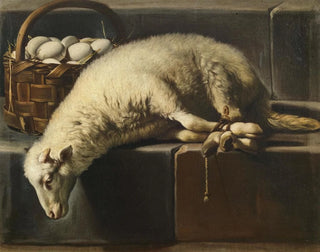 an un lamb tied next to a basket of eggs, an allegory of Easter - Giovanni Battista Recco — artwork view