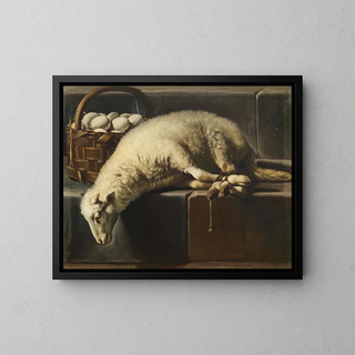 an un lamb tied next to a basket of eggs, an allegory of Easter - Giovanni Battista Recco — framed artwork on a wall