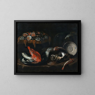 Nature morte avec du poisson et des huîtres - Giovanni Battista Recco — framed artwork on a wall