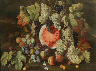 Nature morte dans un paysage avec des raisins, des pastèques, des figues et des pommes - Giovanni Battista Ruoppolo — artwork view
