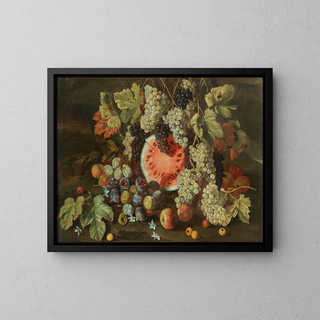 Nature morte dans un paysage avec des raisins, des pastèques, des figues et des pommes - Giovanni Battista Ruoppolo — framed artwork on a wall