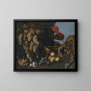 Still life with grapes hanging from the vine, figs, and mushrooms in a garden - Giovanni Battista Ruoppolo — framed artwork on a wall