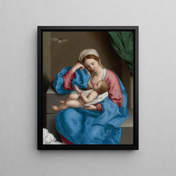 La Madone avec l'Enfant Jésus tenant un chardonneret au bout d'une ficelle - Giovanni Battista Salvi da Sassoferrato — framed artwork on a wall