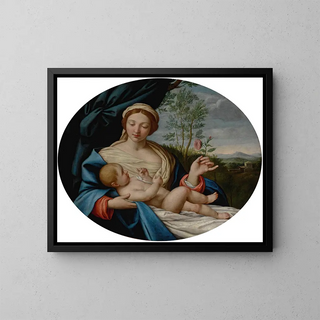 Virgin and Child with Rose - Giovanni Battista Salvi da Sassoferrato — framed artwork on a wall