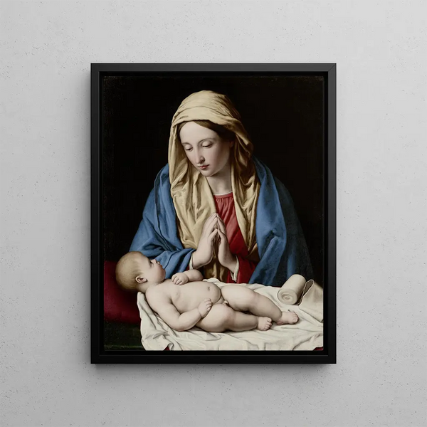 Marie adorant l'Enfant - Giovanni Battista Salvi da Sassoferrato — framed artwork on a wall