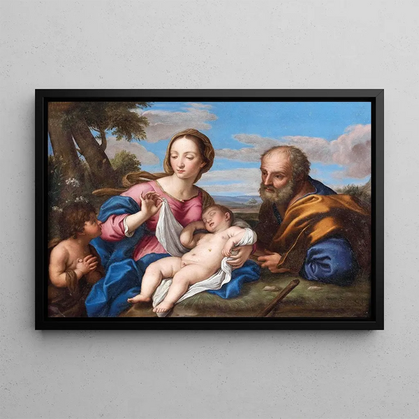 The Holy Family with the Child Saint John the Baptist - Giovanni Battista Salvi da Sassoferrato — framed artwork on a wall