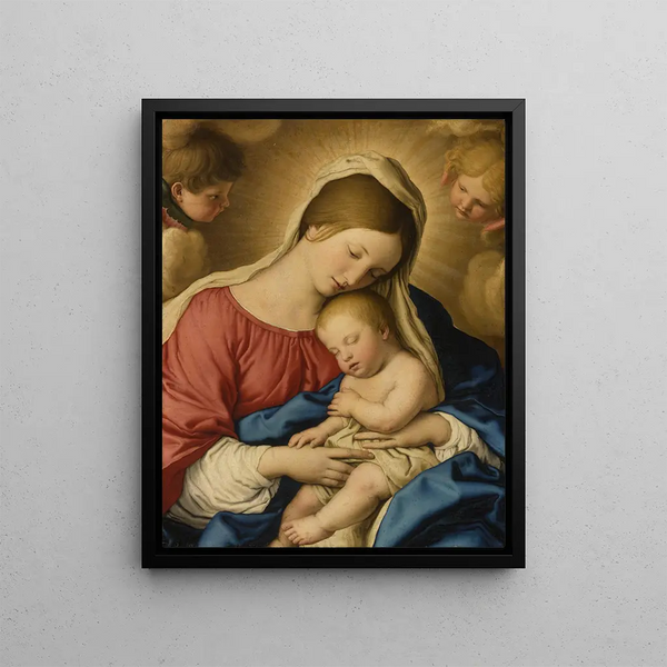 La Vierge à l'Enfant avec deux putti - Giovanni Battista Salvi da Sassoferrato — framed artwork on a wall