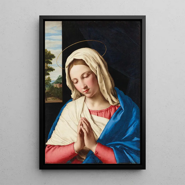 The Virgin in prayer with a landscape beyond - Giovanni Battista Salvi da Sassoferrato — framed artwork on a wall