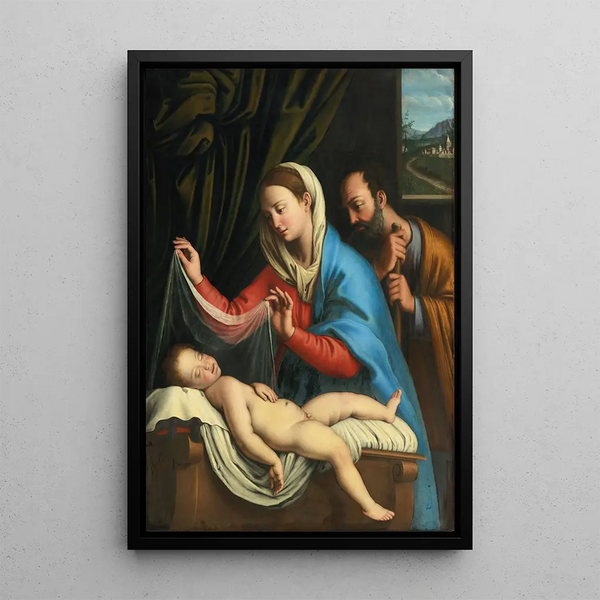 The Virgin and Saint Joseph with the Sleeping Child Jesus - Giovanni Battista Salvi da Sassoferrato — framed artwork on a wall