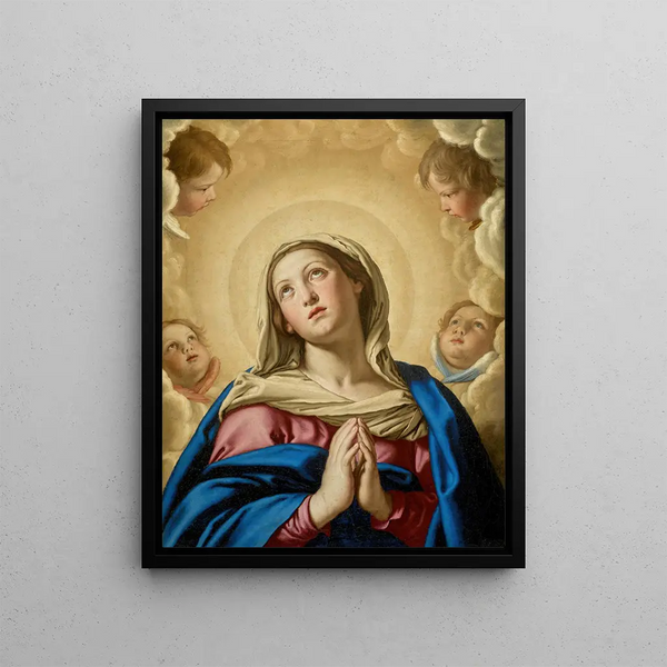 The Virgin in Prayer Surrounded by Putti - Giovanni Battista Salvi da Sassoferrato — framed artwork on a wall