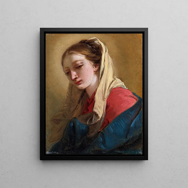 Mary Magdalene three-quarter view, veiled with a white cloth - Giovanni Battista Tiepolo — framed artwork on a wall